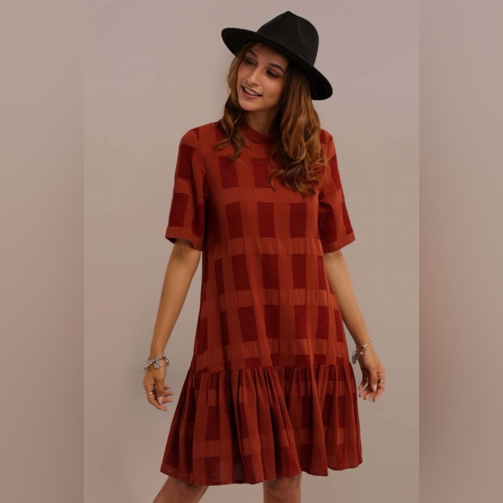Roolee grid ruffle hem rust orange red dress